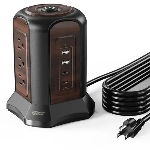 SUPERDANNY Power Strip Tower Surge Protector, 10 Ft Extension Cord with Multiple Outlets, 9 Outlets, 4 USB Ports (2 USB C), 1080 Joules, 3-Prong, Grounded, Desktop Charging Station for Home, Office 