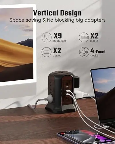SUPERDANNY Power Strip Tower Surge Protector, 10 Ft Extension Cord with Multiple Outlets, 9 Outlets, 4 USB Ports (2 USB C), 1080 Joules, 3-Prong, Grounded, Desktop Charging Station for Home, Office - 3
