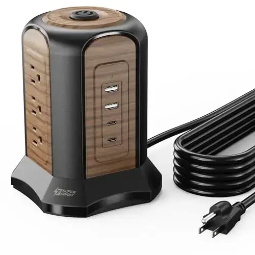 SUPERDANNY Power Strip Tower Surge Protector, 10 Ft Extension Cord with Multiple Outlets, 9 Outlets, 4 USB Ports (2 USB C), 1080 Joules, 3-Prong, Grounded, Charging Station for Home, Office, Brown 