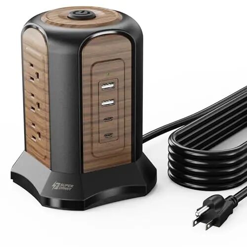 SUPERDANNY Akım Koruyuculu Kule Tipi Uzatma Kablosu, Çoklu Çıkışlı 3 Metre Uzatma Kablosu, 9 Çıkış, 4 USB Bağlantı Noktası (2 USB C), 1080 Jul, 3 Pimli, Topraklı, Ev, Ofis için Şarj İstasyonu, Kahverengi - 1