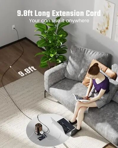 SUPERDANNY Akım Koruyuculu Kule Tipi Uzatma Kablosu, Çoklu Çıkışlı 3 Metre Uzatma Kablosu, 9 Çıkış, 4 USB Bağlantı Noktası (2 USB C), 1080 Jul, 3 Pimli, Topraklı, Ev, Ofis için Şarj İstasyonu, Kahverengi - 2