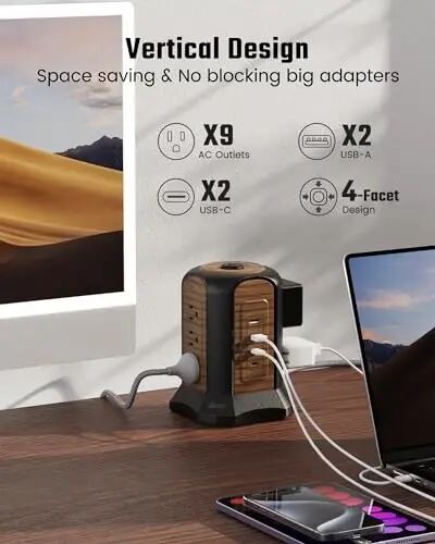 SUPERDANNY Akım Koruyuculu Kule Tipi Uzatma Kablosu, Çoklu Çıkışlı 3 Metre Uzatma Kablosu, 9 Çıkış, 4 USB Bağlantı Noktası (2 USB C), 1080 Jul, 3 Pimli, Topraklı, Ev, Ofis için Şarj İstasyonu, Kahverengi - 3