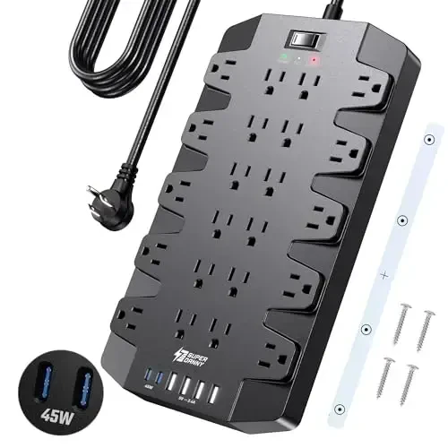 SUPERDANNY Power Strip Surge Protector with 10ft Extension Cord - 22 Outlets, 6 USB Ports, 45W Fast Charging - 1875W/15A, 2100J, 45°Plug, Mountable - Ideal for Home, Office, Gaming, PC, Streaming 