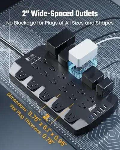 SUPERDANNY Power Strip Surge Protector with 15ft Extension Cord - 22 Outlets, 6 USB Ports, 45W Fast Charging - 1875W/15A, 2100J, 45°Plug, Mountable - Ideal for Home, Office, Gaming, PC, Streaming - 5