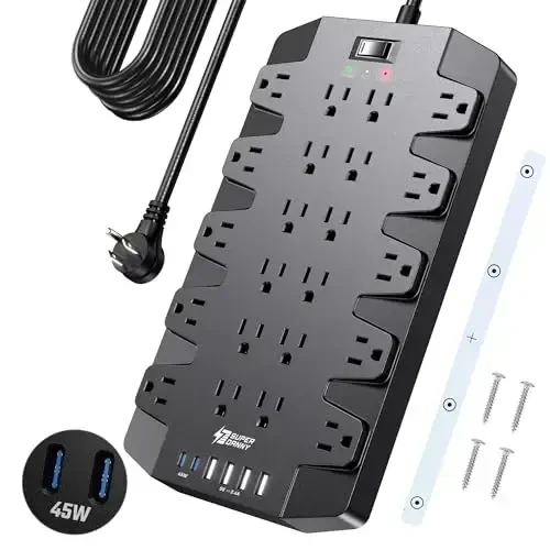 SUPERDANNY Power Strip Surge Protector with 15ft Extension Cord - 22 Outlets, 6 USB Ports, 45W Fast Charging - 1875W/15A, 2100J, 45°Plug, Mountable - Ideal for Home, Office, Gaming, PC, Streaming - 1