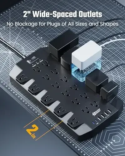 SUPERDANNY Power Strip Surge Protector with 10ft Extension Cord - 22 Outlets, 6 USB Ports, 45W Fast Charging - 1875W/15A, 2100J, 45°Plug, Mountable - Ideal for Home, Office, Gaming, PC, Streaming - 4