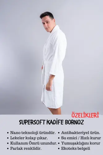 Supersoft Kadife Su Emici, Antibakteriyel Beyaz Erkek Bornoz - BEYAZ - 4