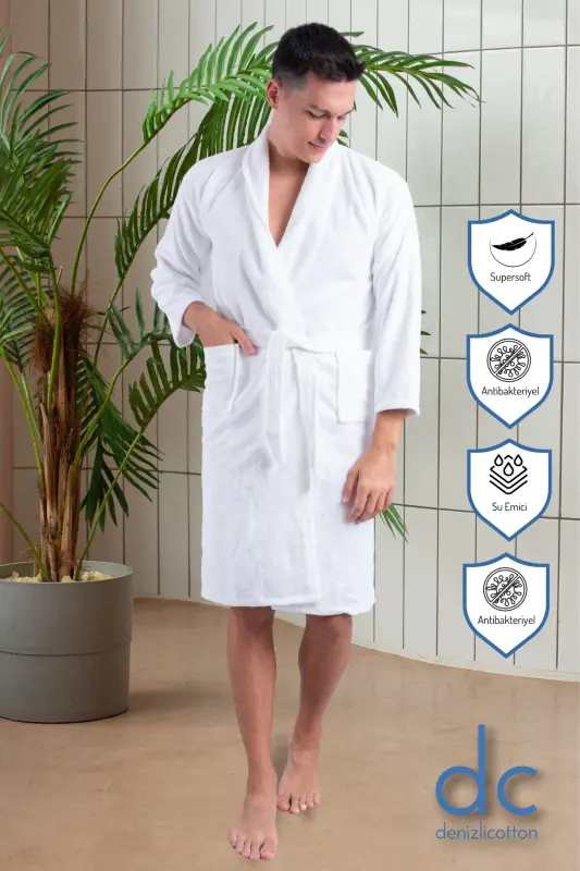 Supersoft Velvet Water Absorbent, Antibacterial White Men's Bathrobe-WHITE - 3