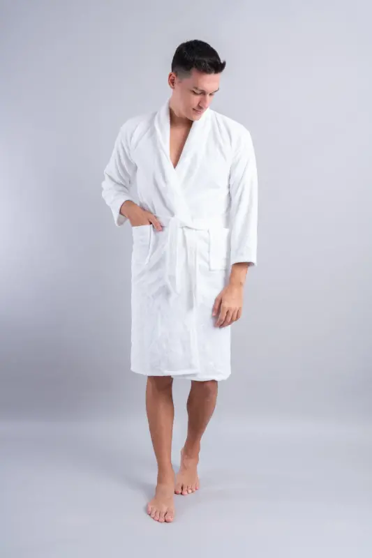 Supersoft Velvet Water Absorbent, Antibacterial White Men's Bathrobe-WHITE - 5