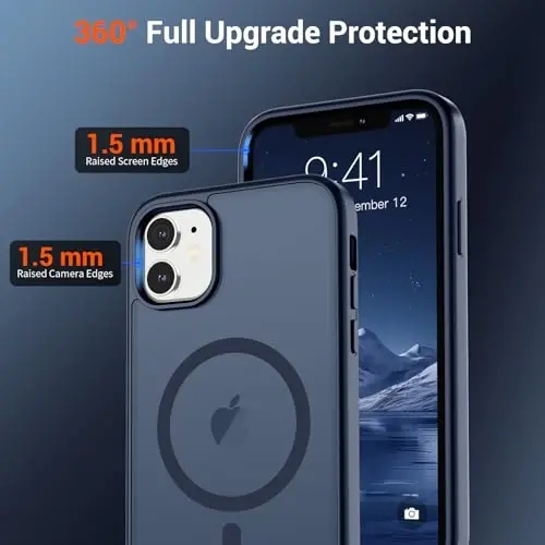 SUPFINE iPhone 11 için Manyetik Telefon Kılıfı, Ekran Koruyuculu (MagSafe Uyumlu) (Askeri Sınıf Düşme Koruması) Yarı Saydam Mat Darbeye Dayanıklı Telefon Kılıfı, Koyu Mavi - SUPFINE (1)