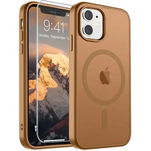 SUPFINE Magnetic for iPhone 11 Phone Case Brown | With Screen Protector, Translucent Matte, Compatible with MagSafe, Military Grade Drop Proof, Rugged Shockproof Protective 
