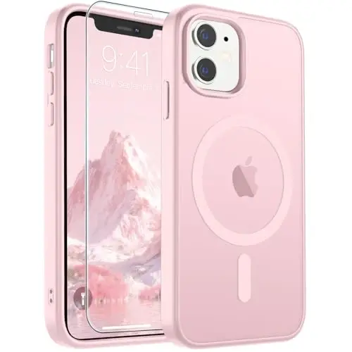 SUPFINE iPhone 11 için Manyetik Telefon Kılıfı ve Ekran Koruyucu (MagSafe ile Uyumlu) (Askeri Sınıf Düşme Koruması) Yarı Saydam Mat Darbeye Dayanıklı Telefon Kılıfı, Açık Pembe 