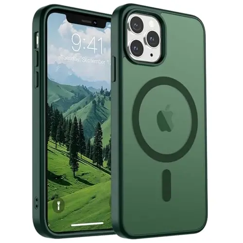 SUPFINE iPhone 11 Pro Max uchun magnitli g‘ilof (MagSafe bilan mos keladi) (10 FT harbiy darajadagi tushishdan himoya) Ingichka yarim shaffof matli zarbga chidamli barmoq izlariga qarshi telefon g‘ilofi, o‘rmon yashili - 1