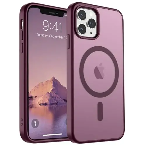 SUPFINE iPhone 11 Pro Max uchun magnitli g'ilof (MagSafe bilan mos keladi) (Harbiy darajadagi tushishdan himoya) Yarim shaffof matli zarbga chidamli telefon g'ilofi, vino qizil - SUPFINE