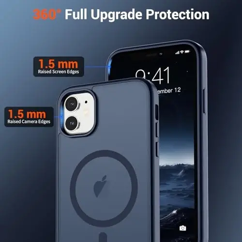 SUPFINE iPhone 11 uchun magnitli g‘ilof, ekran himoyachisi bilan (MagSafe bilan mos keladi) (Harbiy darajadagi himoya) Shaffof matli zarbga chidamli telefon g‘ilofi, To‘q ko‘k - 4