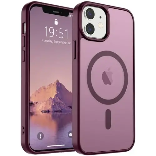 SUPFINE iPhone 12 Case/iPhone 12 Pro Case uchun magnit (MagSafe bilan mos keladi)(Harbiy darajadagi tushishdan himoya) Yupqa yarim shaffof mat zarbga chidamli barmoq izlariga qarshi telefon qutisi, vin qizil 