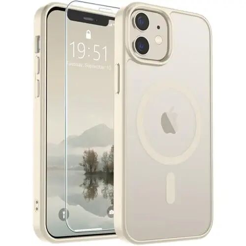 SUPFINE Magnetic for iPhone 12 Case/iPhone 12 Pro Case Antique White | With Screen Protector, Translucent Matte, Compatible with MagSafe, Military Grade Drop Proof, Rugged Shockproof Protective 