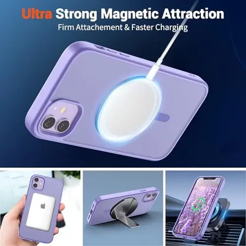 SUPFINE Magnetic for iPhone 12 Mini Case & iPhone 13 Mini Case (Compatible with MagSafe) (Military Grade Drop Protection) Slim Translucent Matte Shockproof Phone Cover,Purple - 5