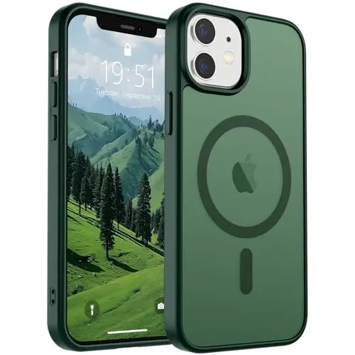 SUPFINE Magnetic for iPhone 12 Mini Case & iPhone 13 Mini Case (Compatible with MagSafe) (Military Grade Drop Protection) Slim Translucent Matte Shockproof Phone Cover,Forest Green 
