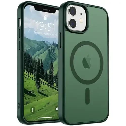 SUPFINE Magnetic for iPhone 12 Mini Case & iPhone 13 Mini Case (Compatible with MagSafe) (Military Grade Drop Protection) Slim Translucent Matte Shockproof Phone Cover,Forest Green - 1