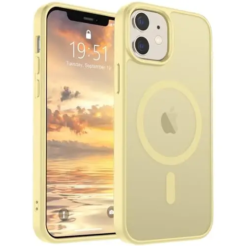 SUPFINE iPhone 12 Mini va iPhone 13 Mini uchun magnitli g'ilof (MagSafe bilan mos) (Harbiy darajadagi tushishdan himoya) Yupqa shaffof matli zarbga chidamli telefon qopqog'i, sariyog'li sariq 