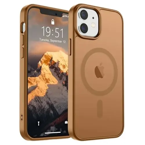SUPFINE iPhone 12 Mini va iPhone 13 Mini uchun magnitli g'ilof (MagSafe bilan mos keladi) (Harbiy darajadagi tushishdan himoya) Yupqa yarim shaffof mat zarbga chidamli telefon qopqog'i, jigarrang 
