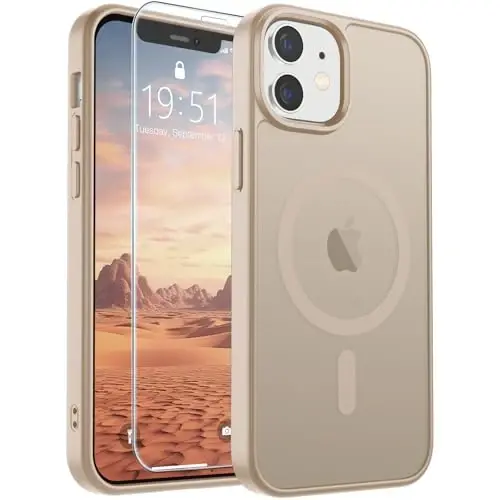 SUPFINE Magnetic for iPhone 12 Mini Case & iPhone 13 Mini Case with Screen Protector (Compatible with MagSafe) (Military Grade Drop Protection) Translucent Matte Shockproof Phone Cover,Desert Gold 