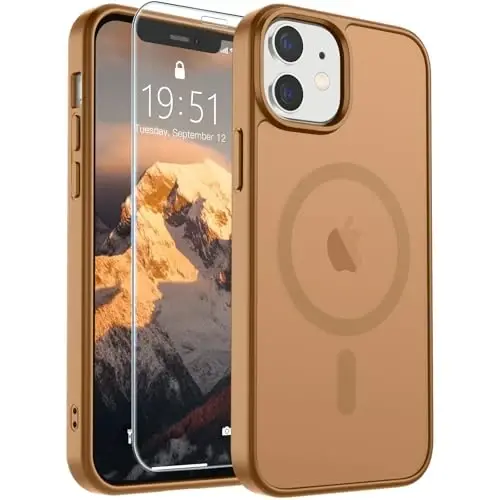 SUPFINE Magnetic for iPhone 12 Mini Case & iPhone 13 Mini Case (Compatible with MagSafe) (Military Grade Drop Protection) Slim Translucent Matte Shockproof Phone Cover,Brown - 1