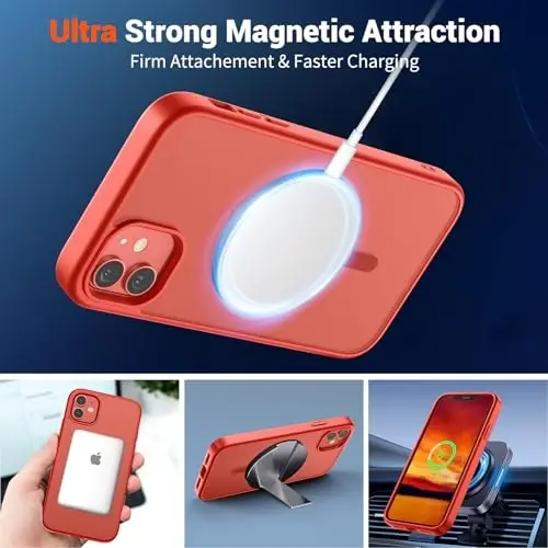 SUPFINE Magnetic for iPhone 12 Mini Case & iPhone 13 Mini Case (Compatible with MagSafe) (Military Grade Drop Protection) Slim Translucent Matte Shockproof Phone Cover,Red - 4