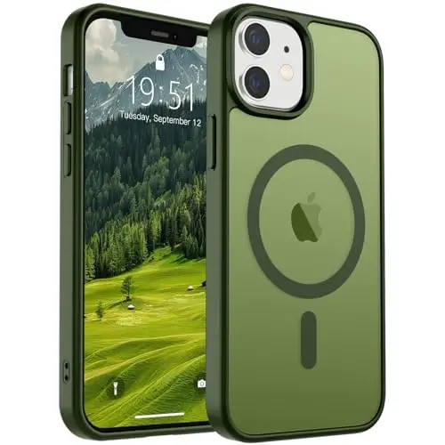 SUPFINE Magnetic for iPhone 12 Mini Case & iPhone 13 Mini Case (Compatible with MagSafe) (Military Grade Drop Protection) Slim Translucent Matte Shockproof Phone Cover,Cangling Green - 1
