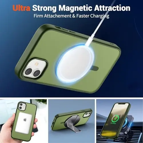 SUPFINE Magnetic for iPhone 12 Mini Case & iPhone 13 Mini Case (Compatible with MagSafe) (Military Grade Drop Protection) Slim Translucent Matte Shockproof Phone Cover,Cangling Green - 5