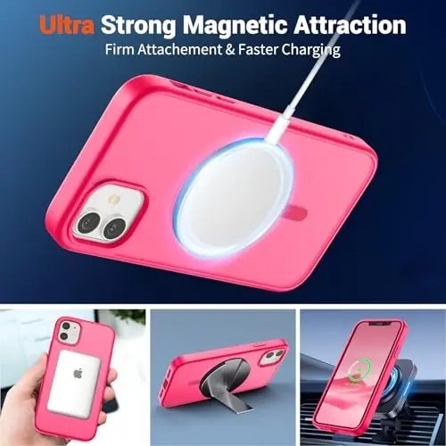 SUPFINE Magnetic for iPhone 12 Mini Case & iPhone 13 Mini Case (Compatible with MagSafe) (Military Grade Drop Protection) Slim Translucent Matte Shockproof Phone Cover,Hot Pink - 5