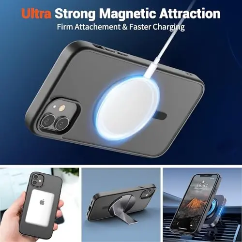 SUPFINE Magnetic for iPhone 12 Mini Case & iPhone 13 Mini Case (Compatible with MagSafe) (Military Grade Drop Protection) Slim Translucent Matte Shockproof Phone Cover,Black - 5