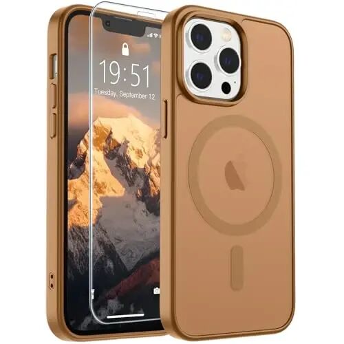 SUPFINE Magnetic for iPhone 12 Pro Max Case Brown | With Screen Protector, Translucent Matte, Compatible with MagSafe, Military Grade Drop Proof, Rugged Shockproof Protective 