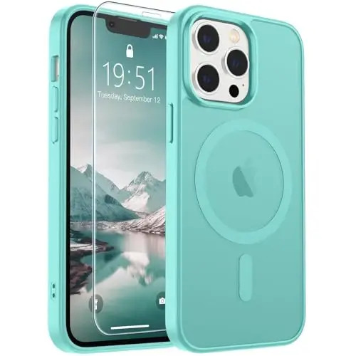 SUPFINE iPhone 12 Pro Max uchun magnitli gʻilof (MagSafe bilan mos) (Harbiy darajadagi tushishdan himoya) Yupqa yarim shaffof mat zarbga chidamli, barmoq izlariga qarshi telefon gʻilofi, koʻk yashil - 1