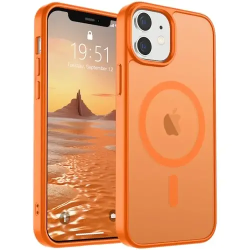 SUPFINE iPhone 12/12 Pro Kılıfı, Ekran Koruyuculu (MagSafe Uyumlu) (Askeri Sınıf Düşme Korumalı) Yarı Saydam Mat Darbeye Dayanıklı Telefon Kılıfı, Yıldızlı Turuncu 