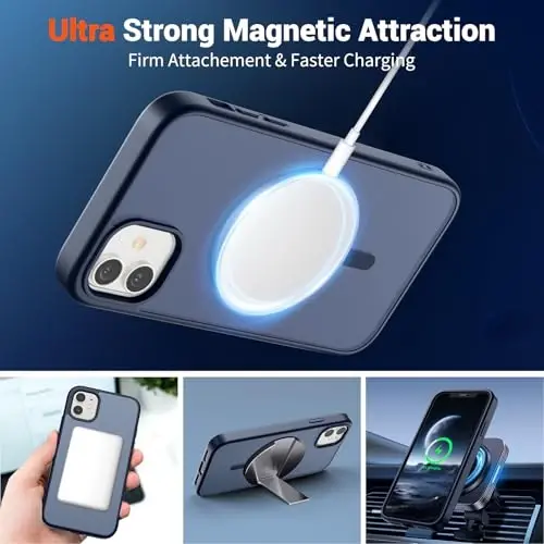 SUPFINE iPhone 12/12 Pro uchun magnitli g'ilof, ekran himoyachisi bilan (MagSafe bilan mos keladi) (Harbiy darajadagi tushishdan himoya) Yarim shaffof matli zarbaga chidamli telefon g'ilofi, To'q ko'k - 5