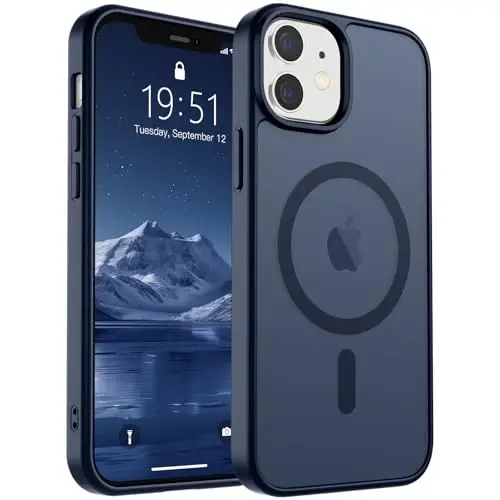 SUPFINE iPhone 12/12 Pro uchun magnitli g'ilof, ekran himoyachisi bilan (MagSafe bilan mos keladi) (Harbiy darajadagi tushishdan himoya) Yarim shaffof matli zarbaga chidamli telefon g'ilofi, To'q ko'k 