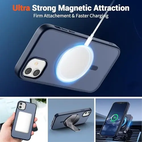 SUPFINE iPhone 12/12 Pro uchun magnitli g'ilof, ekran himoyachisi bilan (MagSafe bilan mos keladi) (Harbiy darajadagi tushishdan himoya) Yarim shaffof matli zarbaga chidamli telefon g'ilofi, To'q ko'k - 3