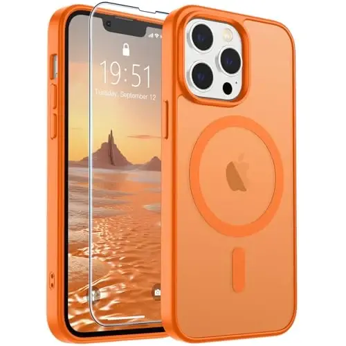 SUPFINE iPhone 13 Pro Max için Manyetik Kılıf, Ekran Koruyuculu (MagSafe Uyumlu) (Askeri Sınıf Düşme Koruması) Yarı Saydam Mat Darbeye Dayanıklı Telefon Kılıfı, Yıldızlı Turuncu 