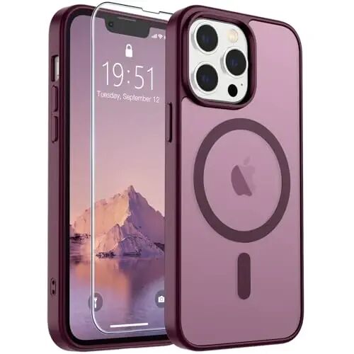 SUPFINE Magnetic for iPhone 13 Pro Max Case (Compatible with MagSafe) (Military Grade Drop Protection) Slim Translucent Matte Shockproof with Anti-Fingerprint Phone Case,Wine Red 