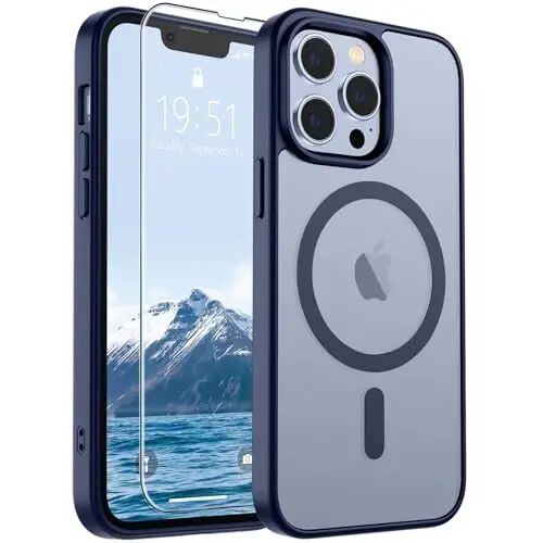 SUPFINE Magnetic for iPhone 13 Pro Max Case Navy Blue | With Screen Protector, Translucent Matte, Compatible with MagSafe, Military Grade Drop Proof, Rugged Shockproof Protective 