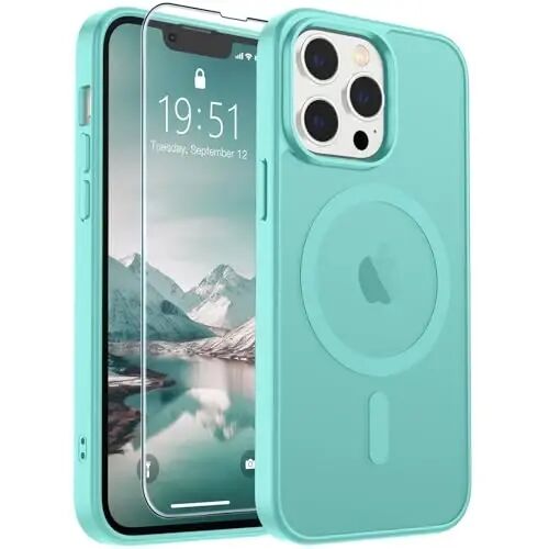 SUPFINE iPhone 13 Pro Max uchun magnitli gʻilof (MagSafe bilan mos) (Harbiy darajadagi tushishdan himoya) Yupqa yarim shaffof matli zarbga chidamli barmoq izlariga qarshi telefon gʻilofi, koʻk yashil 
