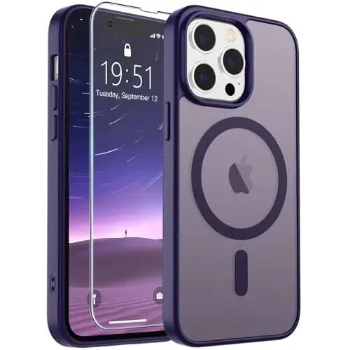 SUPFINE iPhone 13 Pro Max uchun magnitli g'ilof (MagSafe bilan mos keladi) (harbiy darajadagi tushishdan himoya) yarim shaffof mat zarbga chidamli telefon qopqog'i, to'q binafsha 