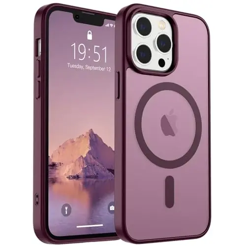 SUPFINE iPhone 13 Pro Max uchun magnitli g‘ilof (MagSafe bilan mos keladi) (Harbiy darajadagi tushishdan himoya) Yupqa yarim shaffof mato zarbga chidamli, barmoq izlariga qarshi telefon g‘ilofi, to‘q qizil 