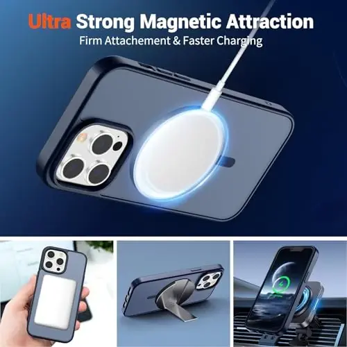 SUPFINE iPhone 13 Pro uchun magnitli g‘ilof, ekran himoyachisi bilan (MagSafe bilan mos keladi), harbiy darajadagi tushishdan himoya, shaffof matli zarbaga chidamli telefon g‘ilofi, to‘q ko‘k. - 5
