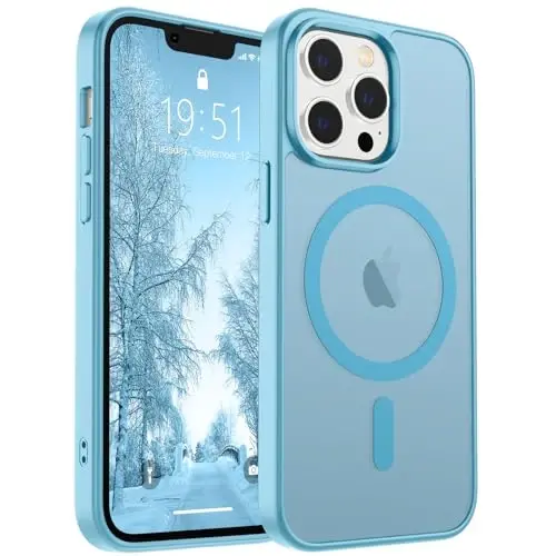 SUPFINE iPhone 13 Pro uchun magnitli g‘ilof (MagSafe bilan mos) (Harbiy darajadagi tushishdan himoya) Yupqa yarim shaffof mato zarbga chidamli barmoq izlariga qarshi telefon g‘ilofi, och ko‘k - SUPFINE