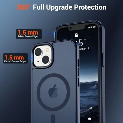 SUPFINE iPhone 14 Kılıf & iPhone 13 Kılıf, Ekran Koruyuculu (MagSafe Uyumlu) (Askeri Sınıf Düşme Koruması) Yarı Saydam Mat Darbeye Dayanıklı Telefon Kılıfı, Koyu Mavi - 4