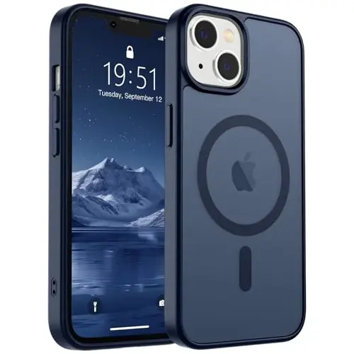SUPFINE iPhone 14 Kılıf & iPhone 13 Kılıf, Ekran Koruyuculu (MagSafe Uyumlu) (Askeri Sınıf Düşme Koruması) Yarı Saydam Mat Darbeye Dayanıklı Telefon Kılıfı, Koyu Mavi 