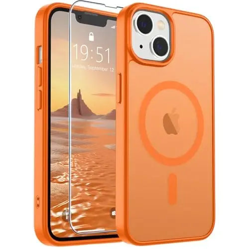 SUPFINE iPhone 14 Kılıf & iPhone 13 Kılıfı, Ekran Koruyuculu (MagSafe Uyumlu) (Askeri Sınıf Düşme Koruması) Yarı Saydam Mat Darbeye Dayanıklı Telefon Kılıfı, Yıldızlı Turuncu - SUPFINE